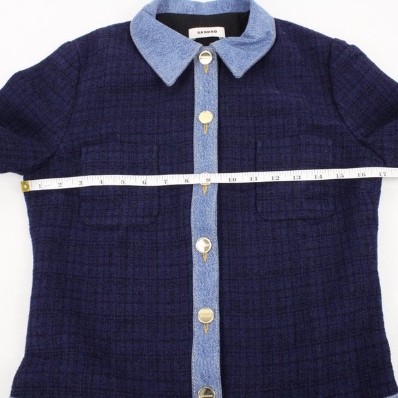 NWT Sandro Brooke Tweed and Denim Mini Dress in Blue with Gold Buttons Size 36 - Picture 14 of 15